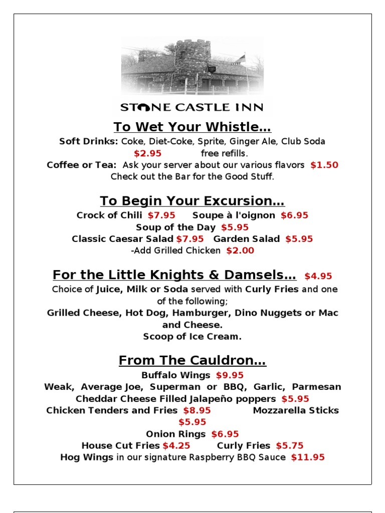 Stone Castle Menu 1012 | PDF | Cooking, Food & Wine