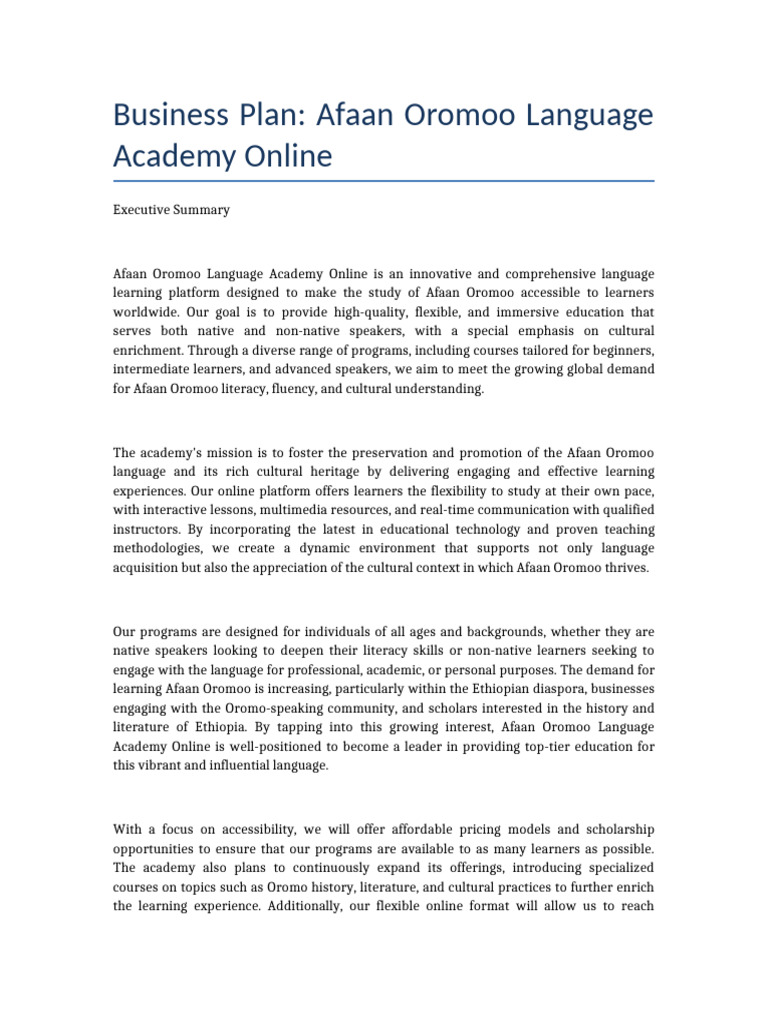 BUSINESS PLAN IN AFAAN OROMO intelligence overview