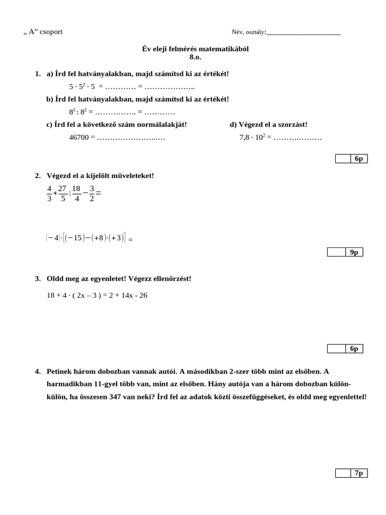 Év Eleji 8.o A Csop. Matematika | PDF