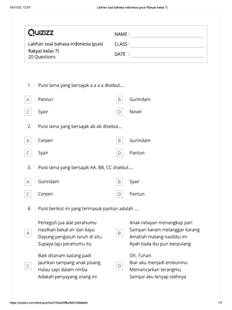 Puisi Rakyat Kelas 7: Soal Ulangan