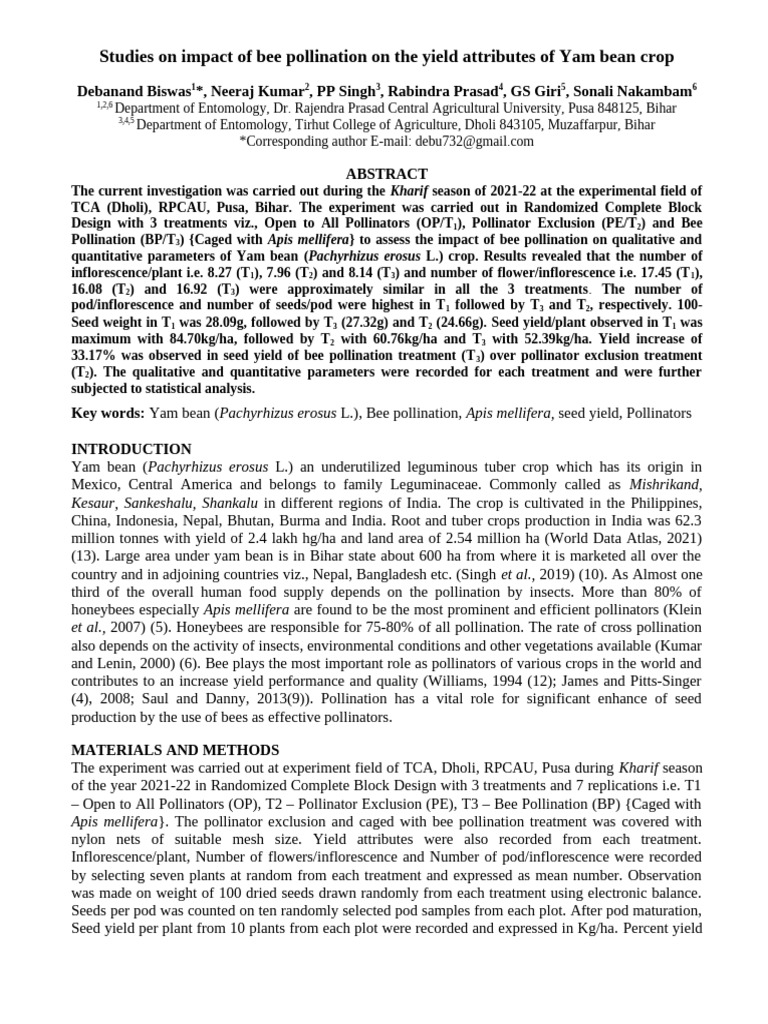 Impact of Bee Pollination on Yam Bean Yield | PDF | Pollination | Honey Bee