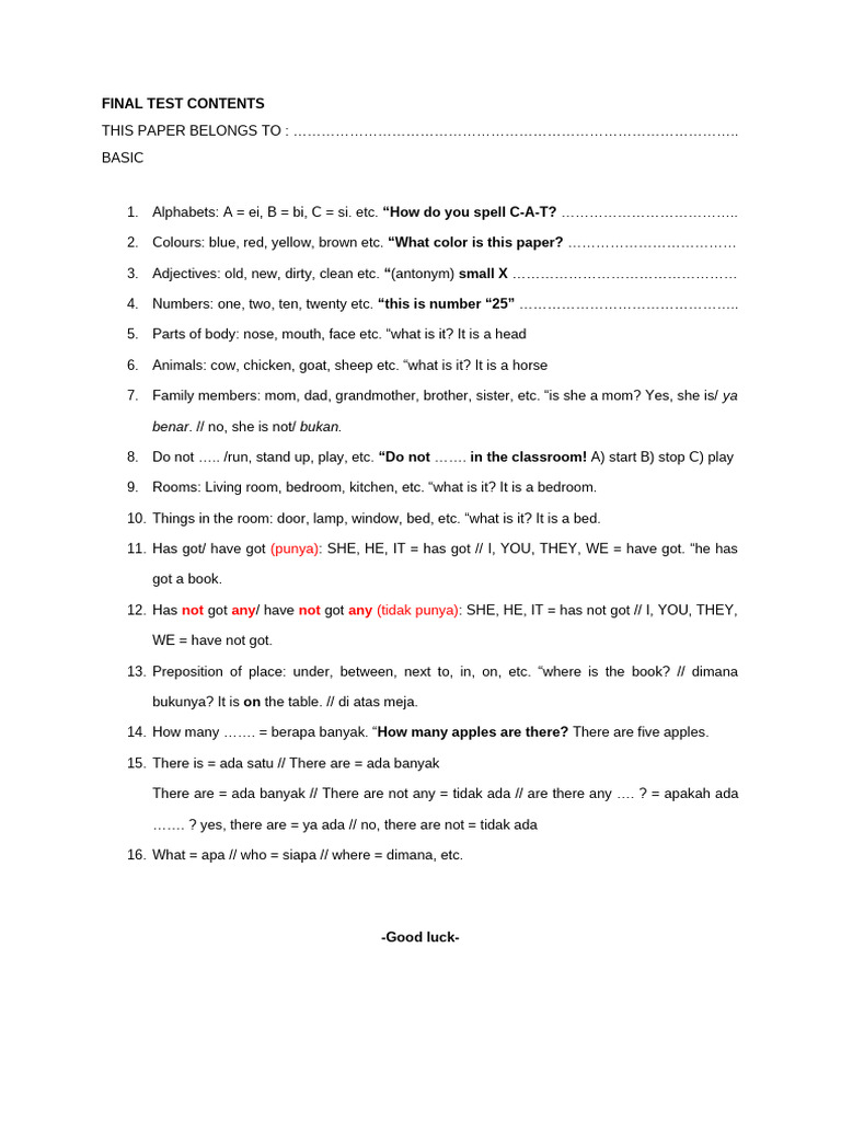 Basic English Language Test Guide | PDF | Language Arts & Discipline