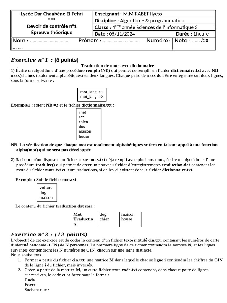 Correction Devoir Algorithme Bac 2025 | PDF | Fichier texte | Fichier ...
