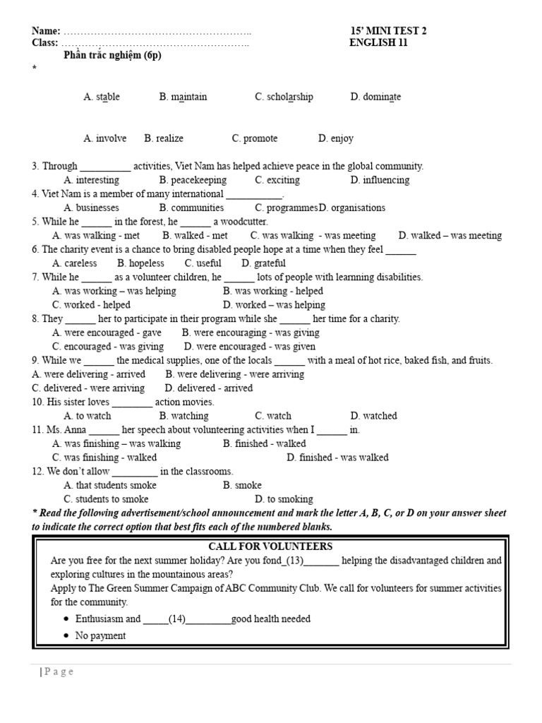 Mini Test 2: Volunteer Call & English Skills | PDF | Human ...