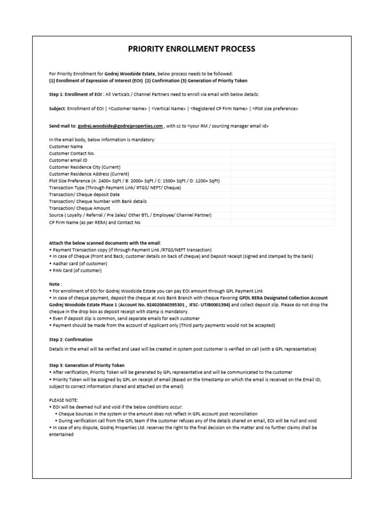 Godrej Woodside Estate EOI Enrollment Guide | PDF | Cheque | Receipt