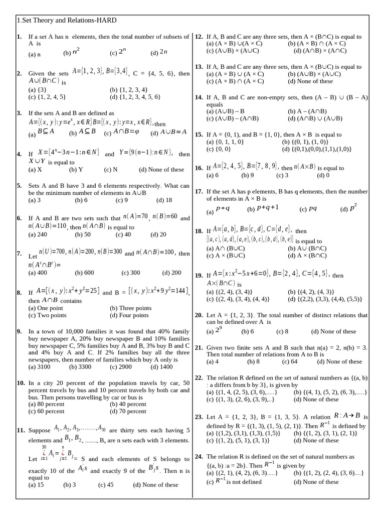 Set Theory and Relations Practice Questions | PDF | Mathematics ...