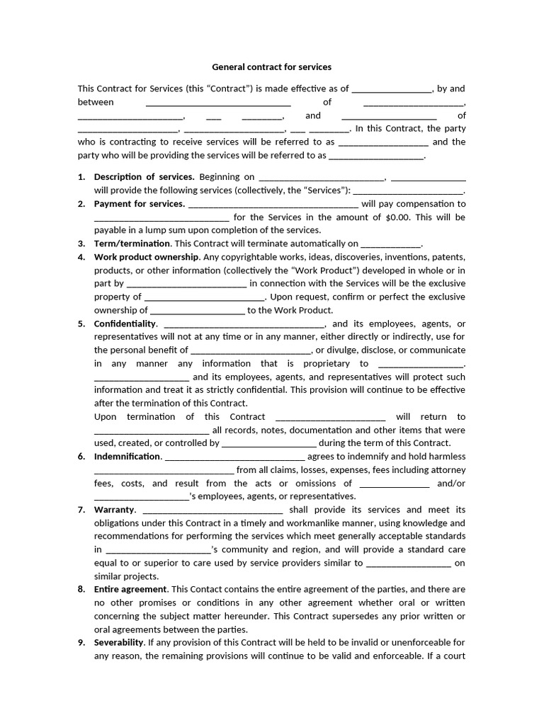General contract for services pdf indemnity contract law