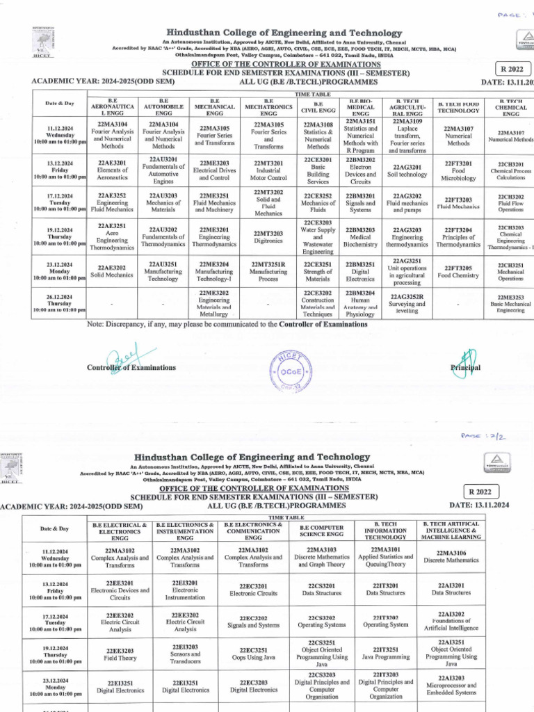 Ese Nov Dec 2024 Iii Sem Schedule | PDF
