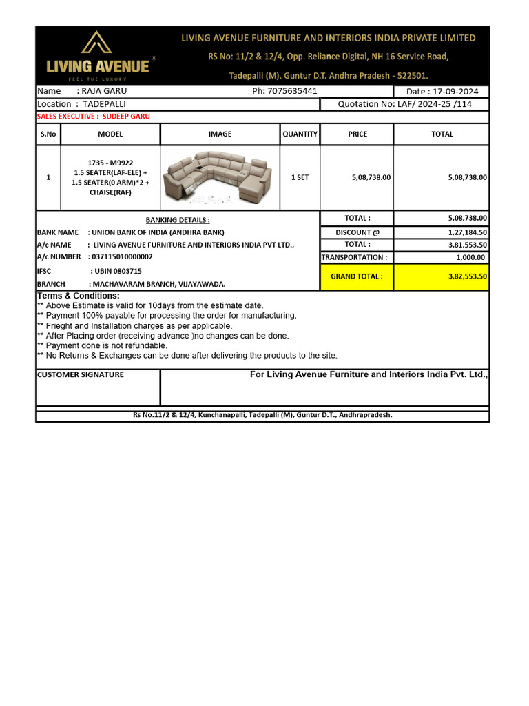 Quotation for Raja Garu's Furniture Order | PDF