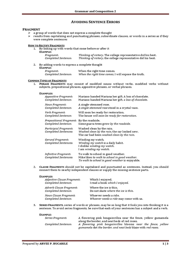 Avoiding Sentence Errors: Fragments & Run-Ons | PDF | Sentence ...