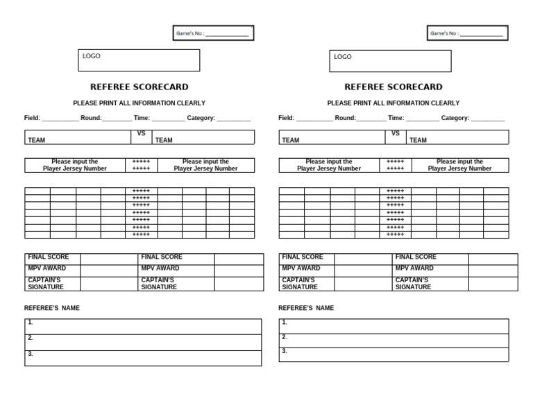 Printable Soccer Referee Scorecard | PDF