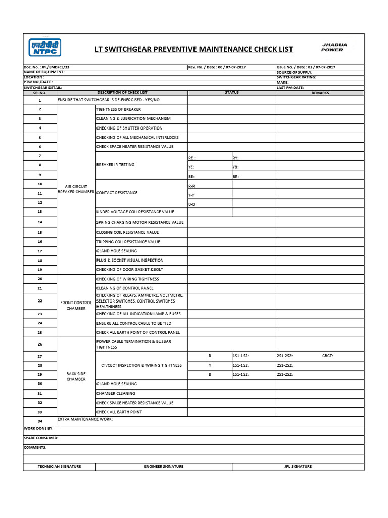 LT Switchgear Maintenance Checklist | PDF | Switch | Fuse (Electrical)