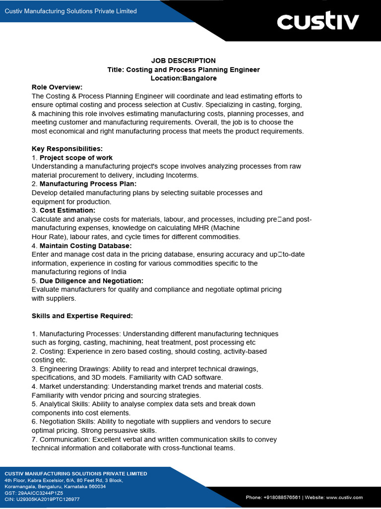 Costing & Process Planning Engineer - JD | PDF | Market (Economics ...