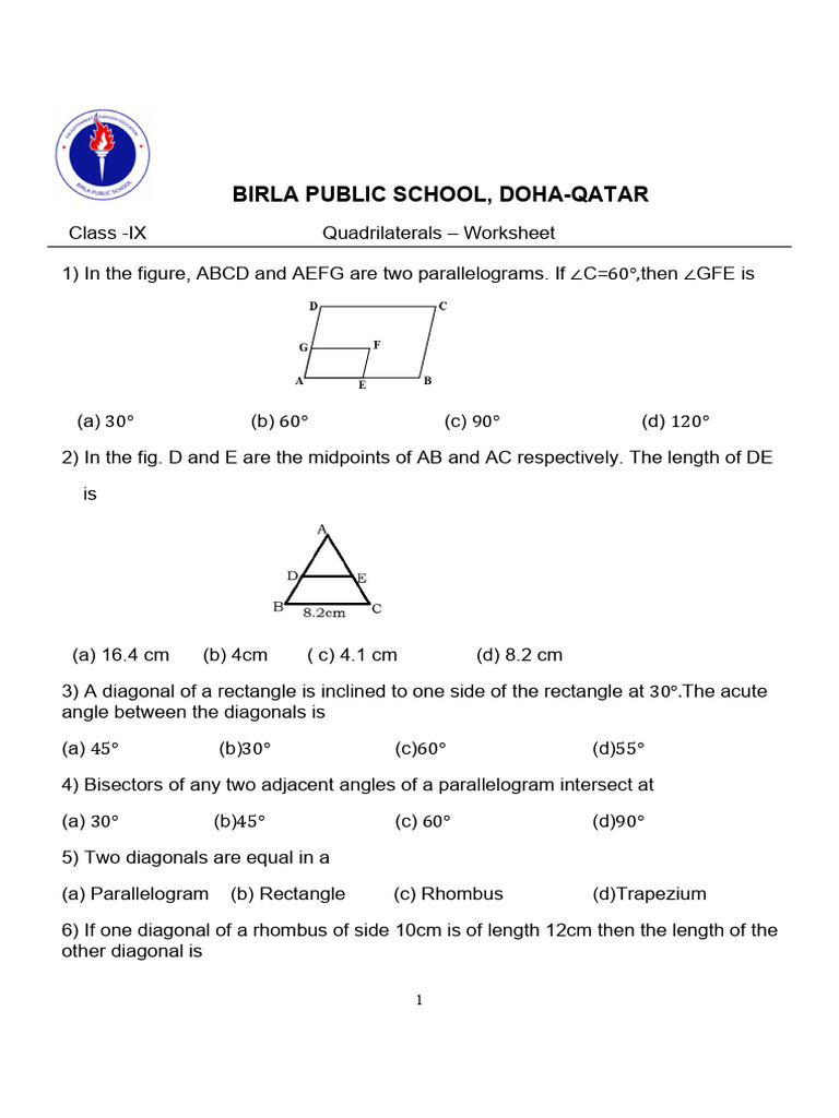 Quadrilaterals Worksheet for Class IX | PDF | Rectangle | Euclid