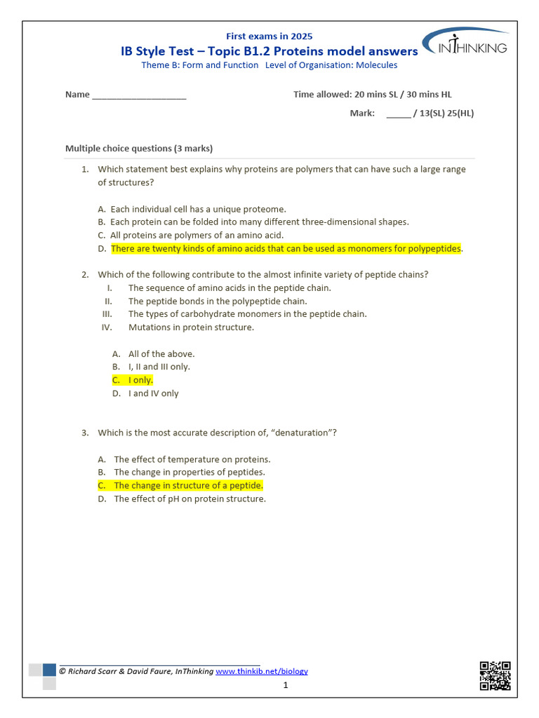 IB Biology HL 2025: Proteins Test Review | PDF | Proteins | Amino Acid