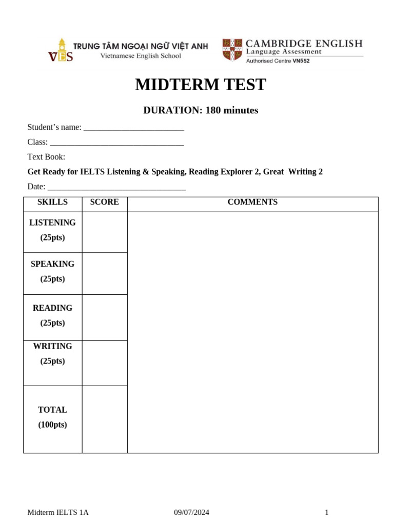 MIDTERM TEST 1,2 PRE - IELTS A (New) | PDF | Penguin