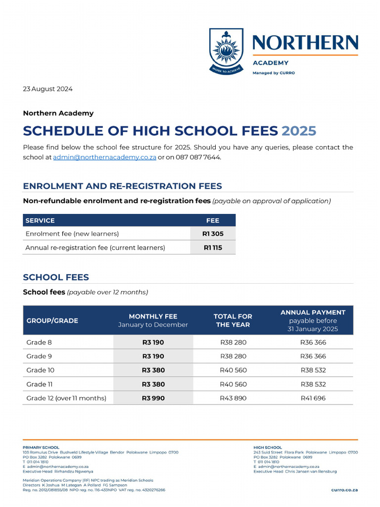 Northern Academy 2025 High School Fee Letter Final For Web | PDF