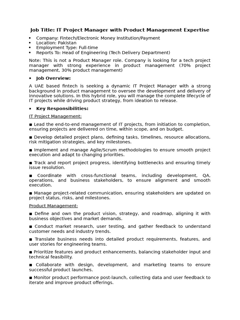Tech Project Manager JD - Pakistan | PDF | Agile Software Development ...