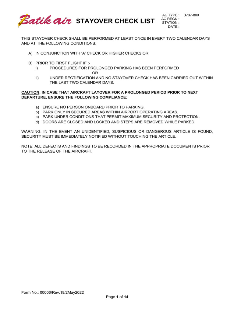 00006rev 19may 22B737-800STAYOVERCHECKLIST | PDF | Landing Gear | Tire