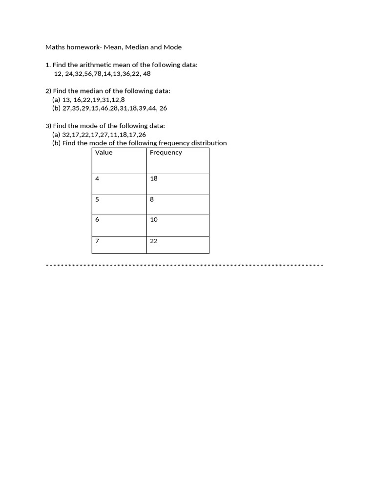 Maths Homework - Mean, Median, Mode (Class 7) | PDF