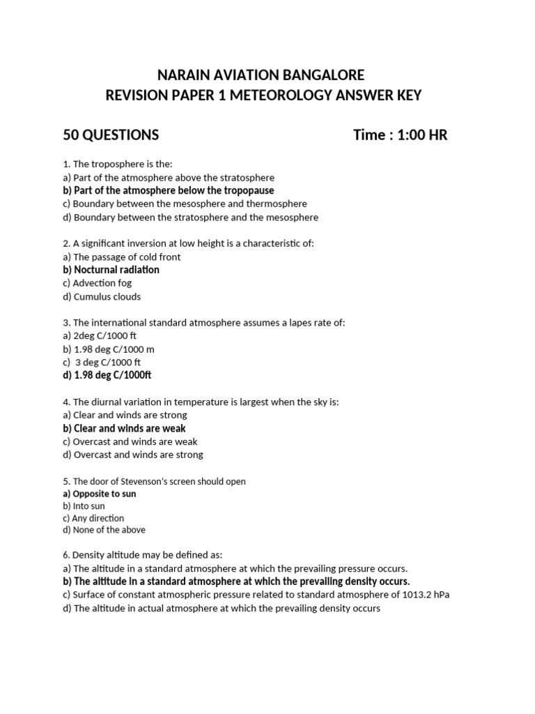 Meteorology Answer Key for Aviation | PDF | Atmosphere Of Earth | Wound