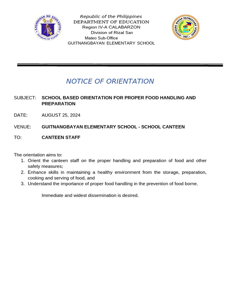 Food Handling Orientation for Canteen Staff | PDF