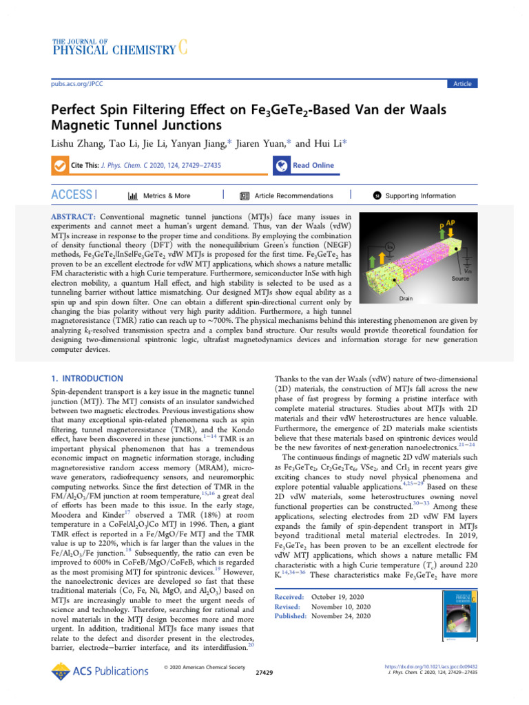 2D Spintronics with Fe3GeTe2 MTJs | PDF | Materials | Physics