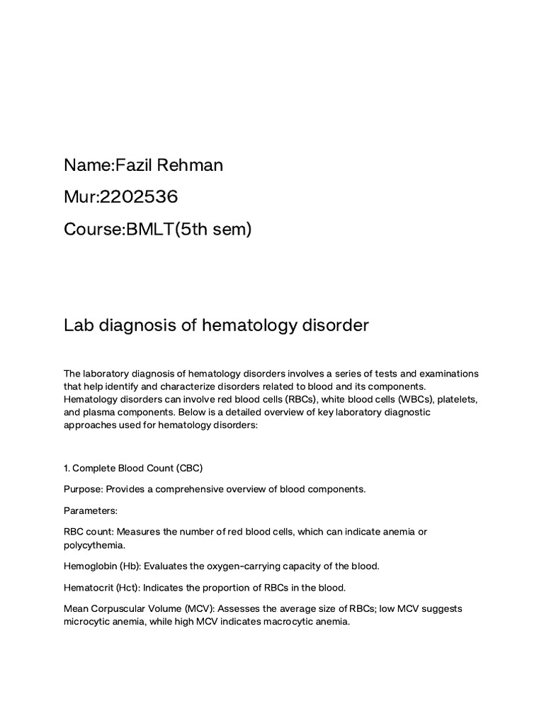 Hematology Disorder Diagnostics Guide | PDF | Anemia | Clinical Pathology