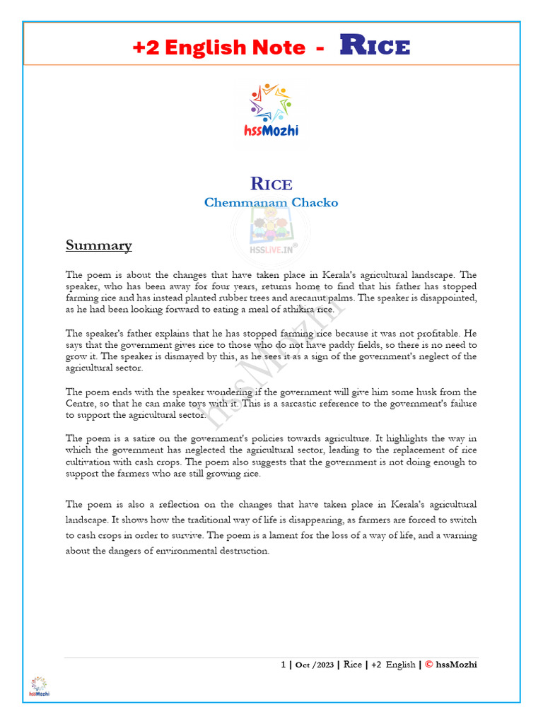 Hsslive Xii Eng Unit 4 Lesson 2 RICE | PDF | Agriculture | Sustainability