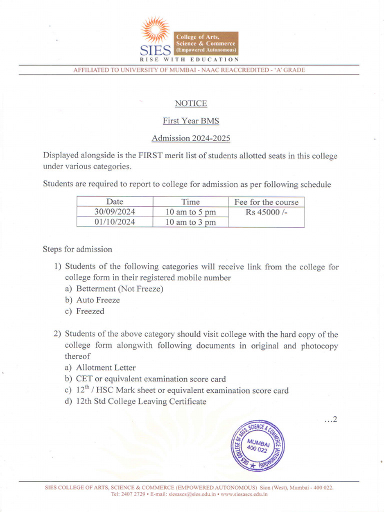 First Year - BMS - Admission 2024-2025 | PDF