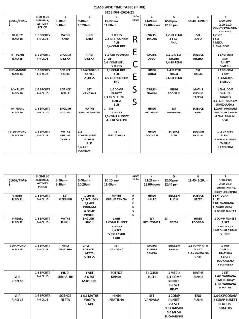 Class Wise Time Table III-xii July2024-25 | PDF