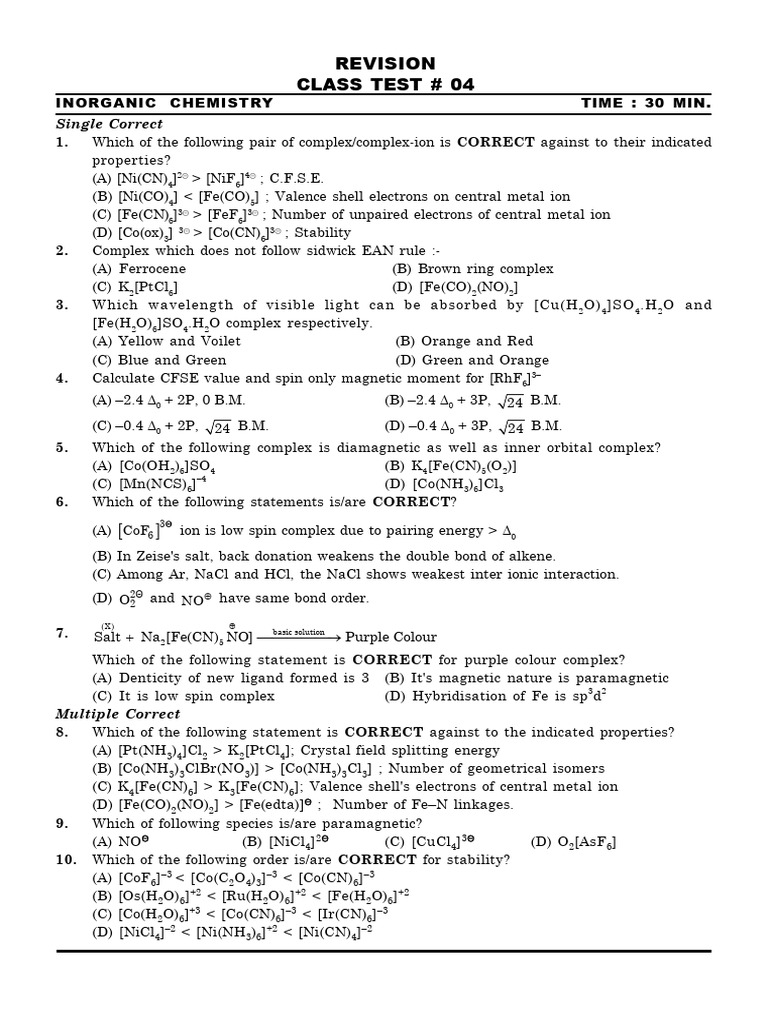 Revision Class Test - 04 (COMPLEX COMPS) | PDF | Coordination Complex ...