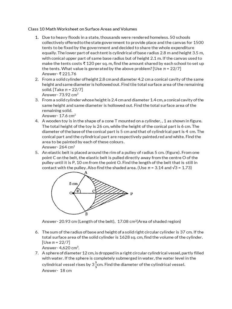 Class 10 Surface Area & Volume Worksheet | PDF | Sphere | Area
