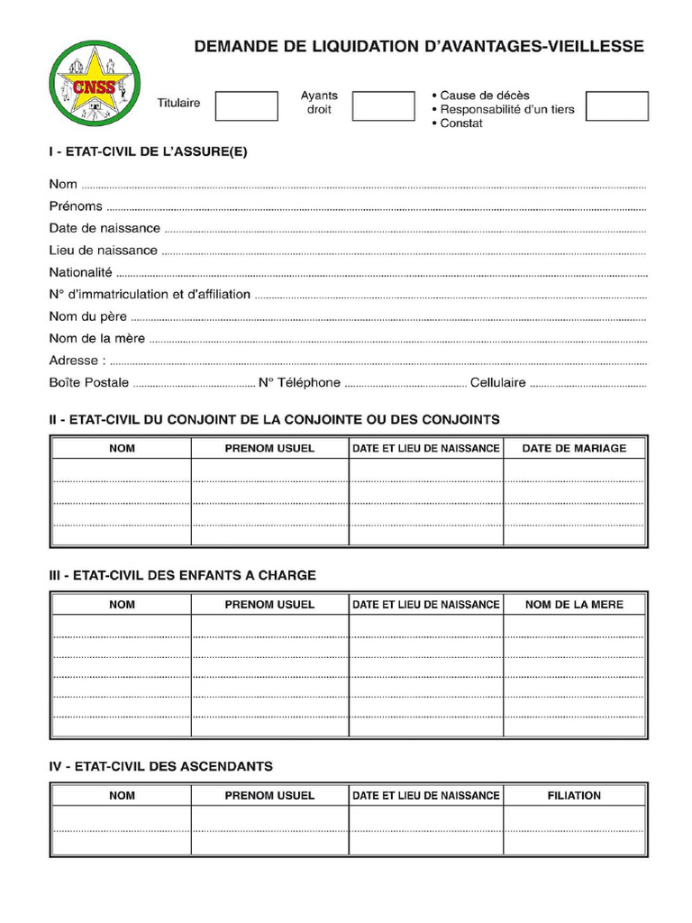 CNSS Demande de Liquidation Avantages Vieillesse | PDF