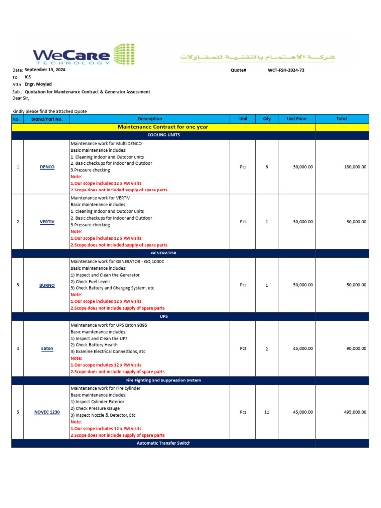 Generator Maintenance & Assessment Quote | PDF | Electric Generator ...