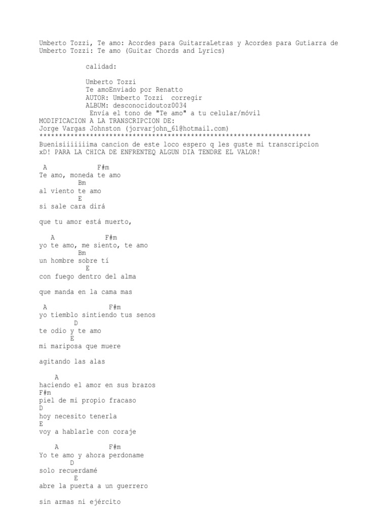 Umberto Tozzi, Te Amo Acordes Para Guitarra