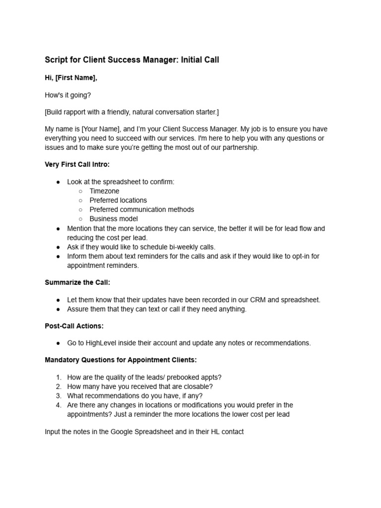 Client Success Weekly Script 1st 30 Days | PDF | Law