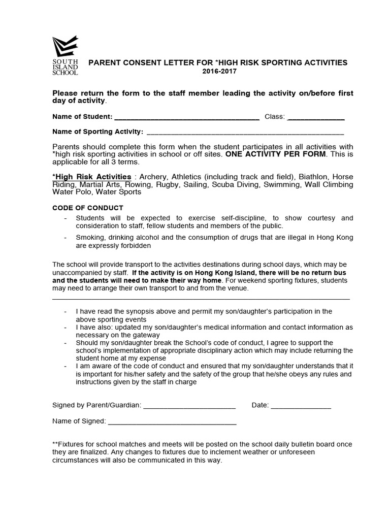 High Risk Parent Consent Letter For High Risk Sporting Activities 0-3-1 ...