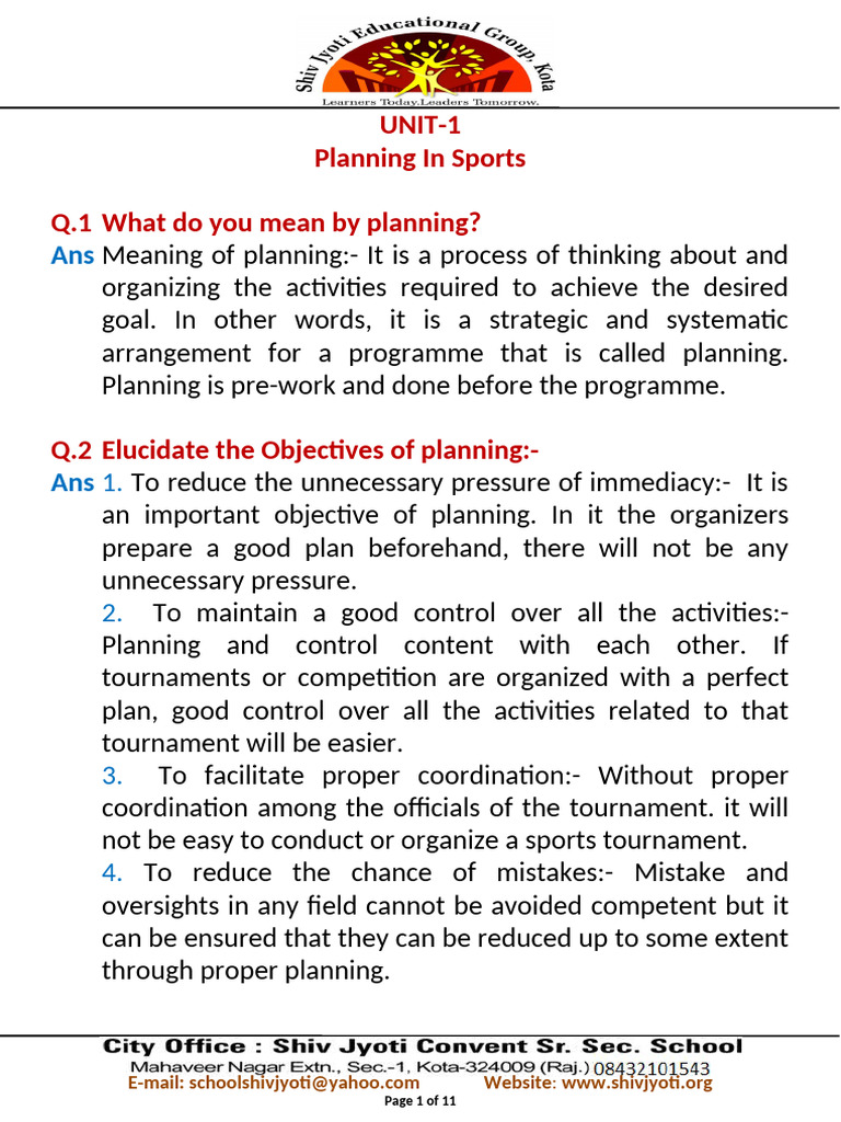 Class 12 Phy Edu Unit 1 Planning in Sports | PDF | Tournament | Sports