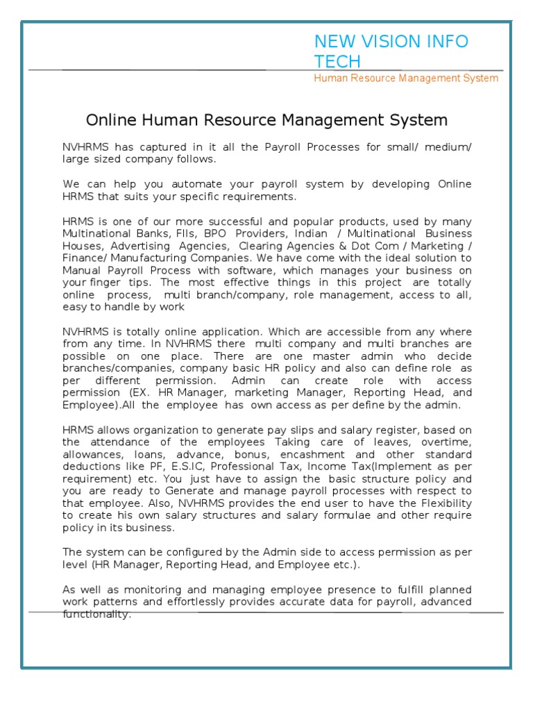 Online Human Resource Management System: New Vision Info Tech | PDF ...