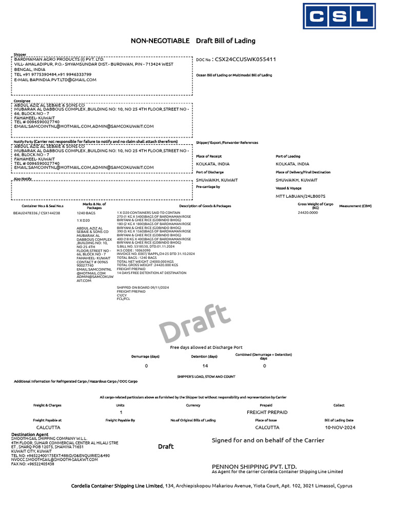 printbldraftcopyAgent | PDF | Cargo | Bill Of Lading