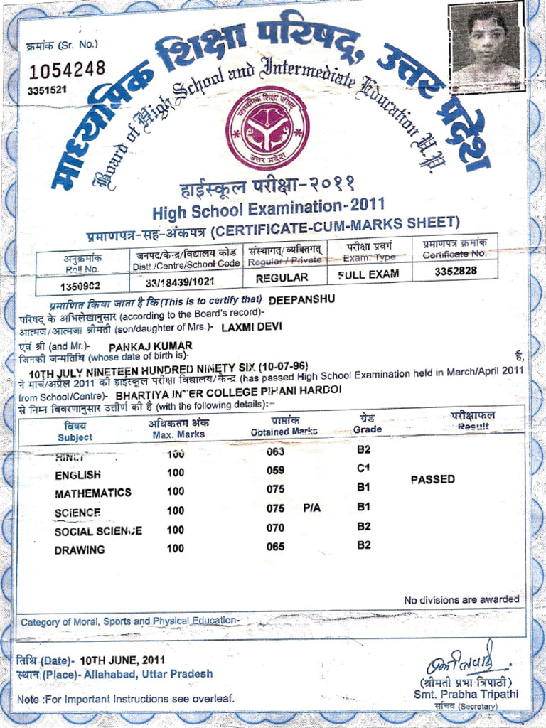 High School Examination Certificate 2011 | PDF