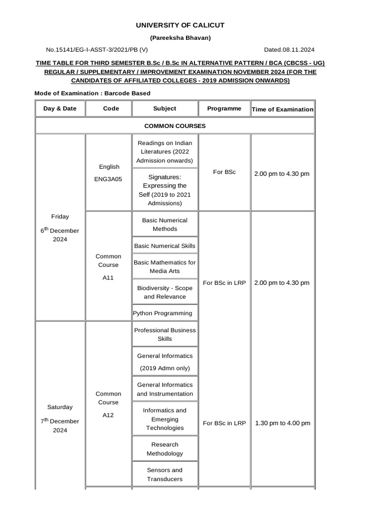 BCA Third Semester Exam Timetable 2024 | PDF | Botany | Mathematical ...
