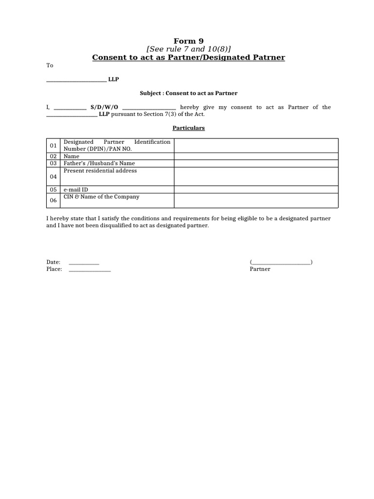 Form 9: Consent for Designated Partner | PDF