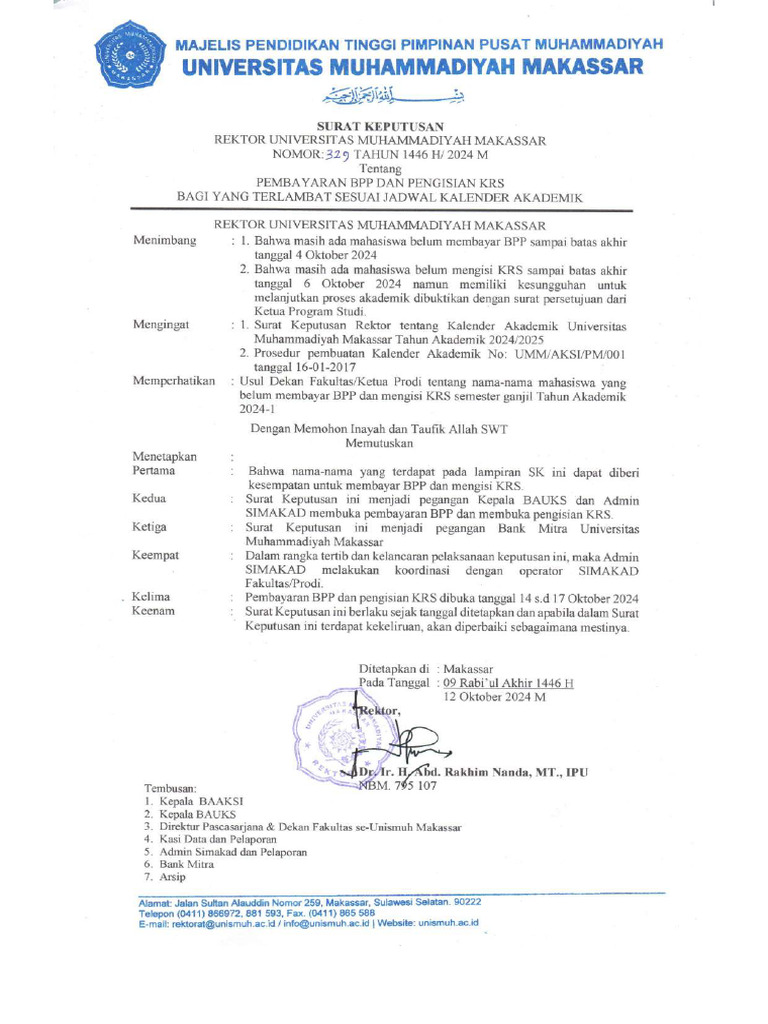 SK Rektor - Pembayaran Dan KRS Terlambat | PDF