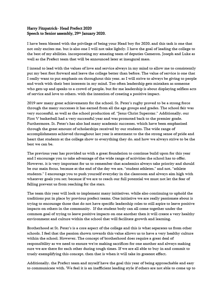 Head Prefect Speech 2020 Highlights | PDF | Cognition | Social Psychology