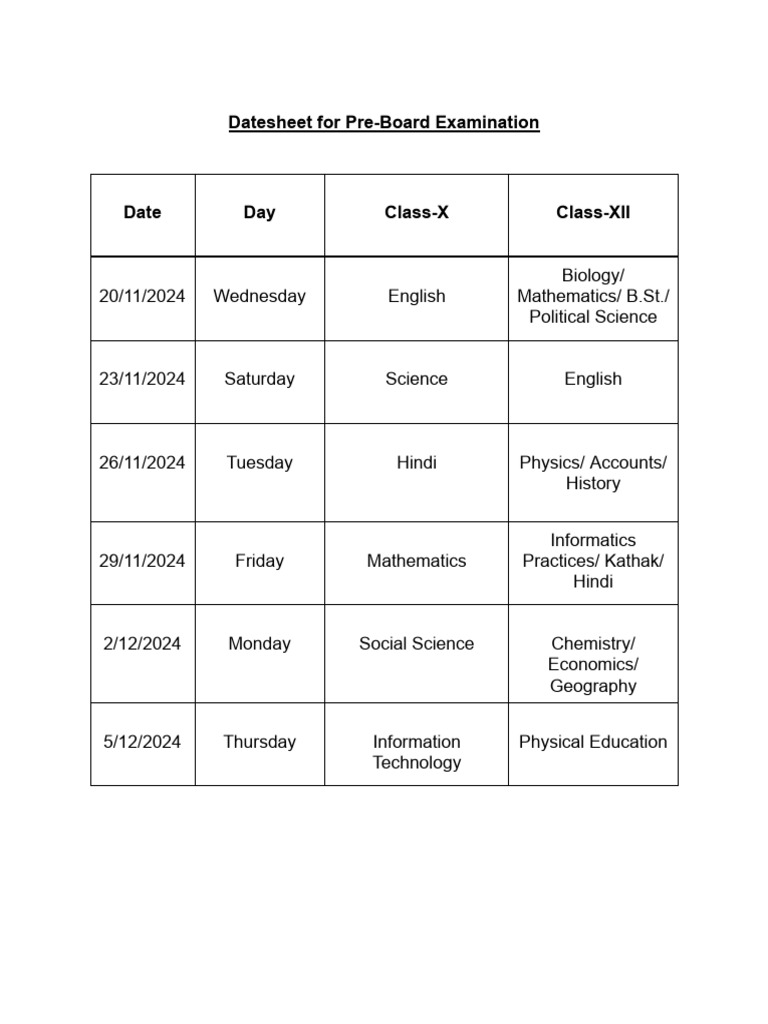 Date Sheet For Pre Board Examination - 2024-25 | PDF