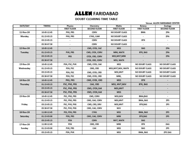 Doubt Class Time Table 11 Nov - 17 Nov | PDF