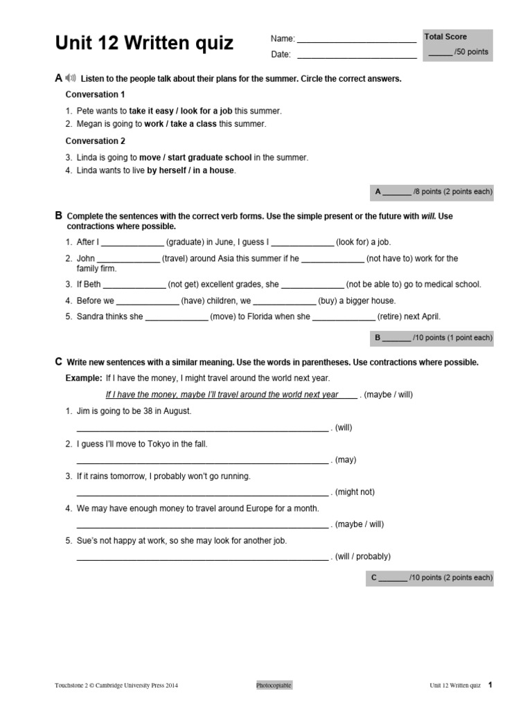 Course 8 Unit 12 Written Quiz | PDF | Language Arts & Discipline