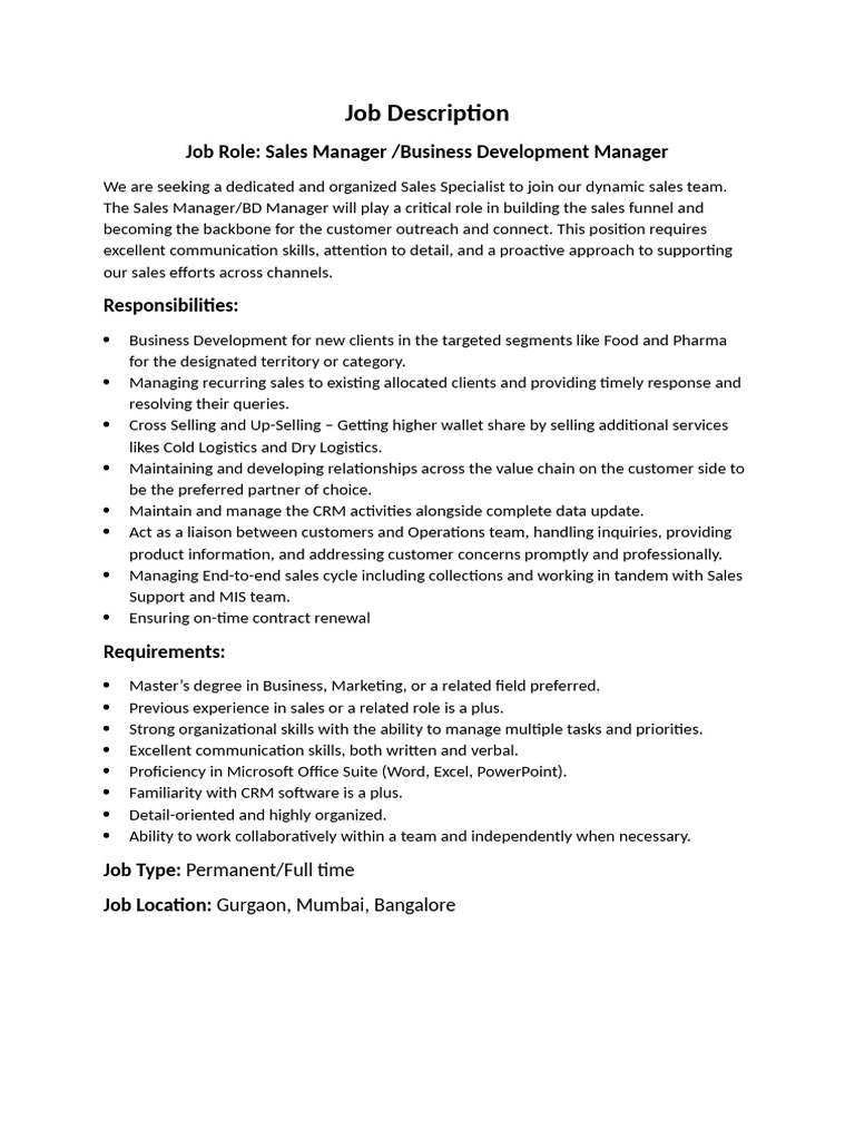 Job Description BDM PDF Business